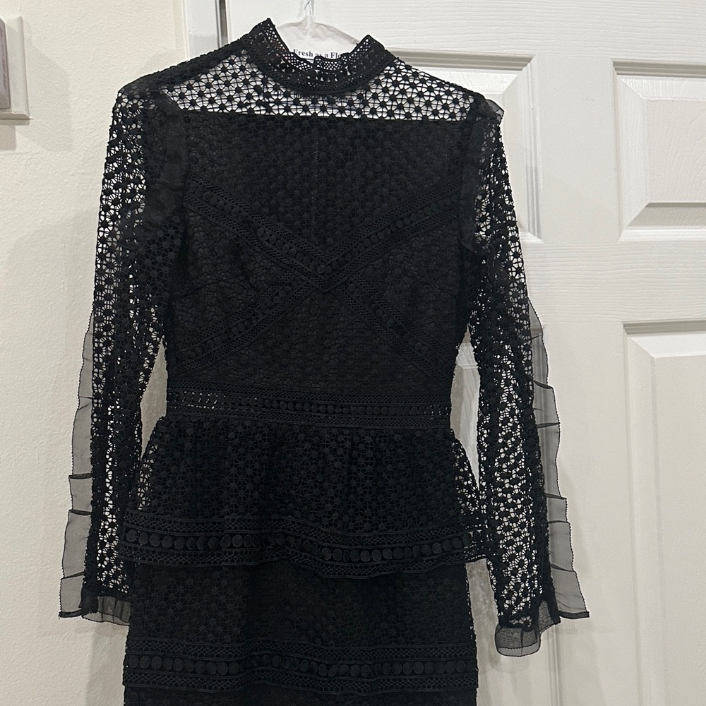 Aqua Black Lace Long Sleeve Dress
